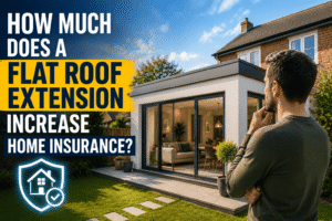 Homeowner looking at a modern flat roof extension attached to a UK house, illustrating the impact of property extensions on home insurance costs and cover.