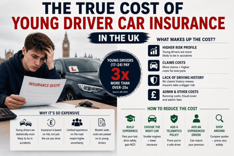 Infographic showing the true cost of young driver car insurance in the UK, explaining risk factors, claims costs, driving history, and ways to reduce insurance premiums.