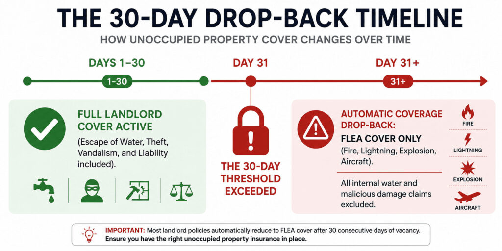 Infographic showing how landlord insurance coverage changes after 30 days of vacancy, with full cover during days 1–30 and reduced FLEA cover from day 31 onward.