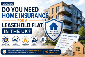 Leasehold flat home insurance in the UK showing apartment building, insurance protection shield, contents cover, liability protection and legal support.