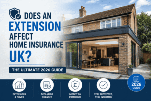 Modern UK house extension with article title “Does an Extension Affect Home Insurance UK? The Ultimate 2026 Guide”