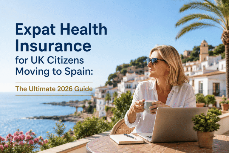 Expat health insurance guide for UK citizens moving to Spain in 2026, showing a woman working remotely on a laptop in a sunny coastal Mediterranean setting