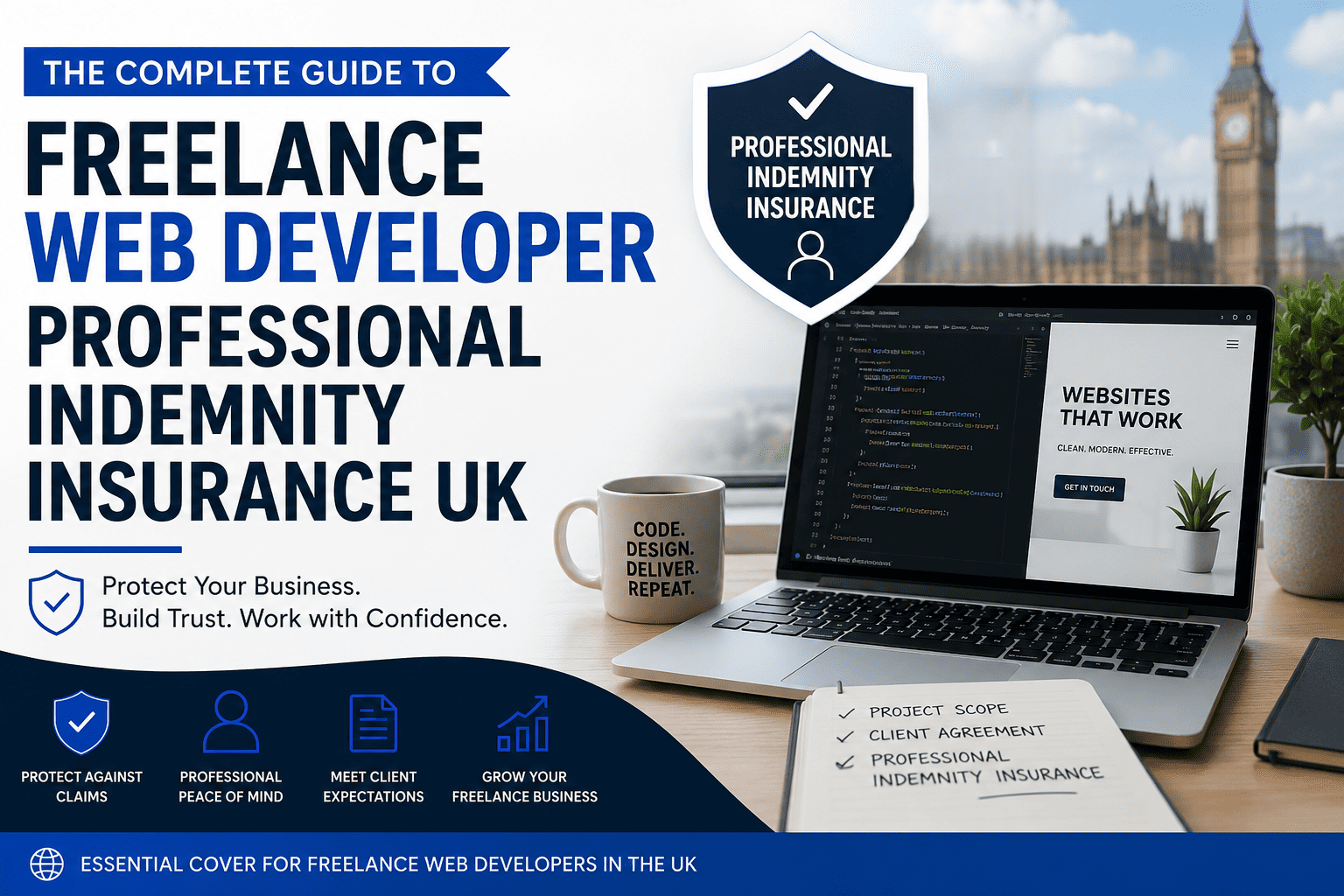 Freelance web developer professional indemnity insurance guide in the UK showing business protection and liability coverage.