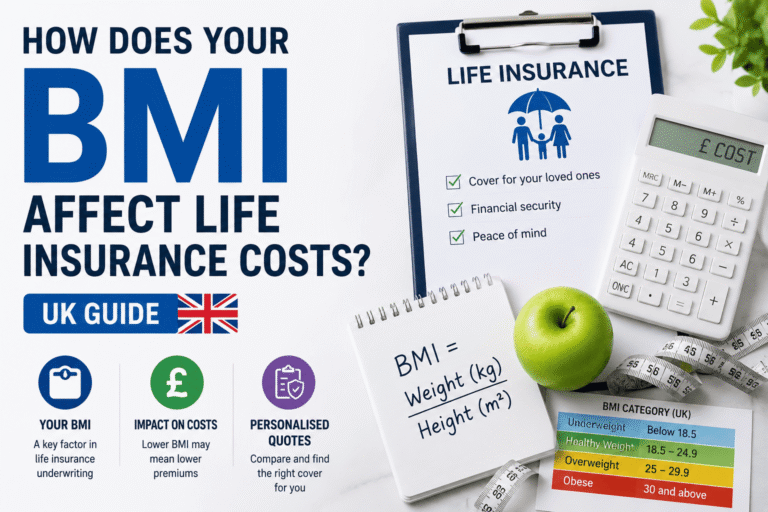 BMI chart, life insurance documents, calculator, apple, and measuring tape illustrating how body mass index affects life insurance premiums in the UK.