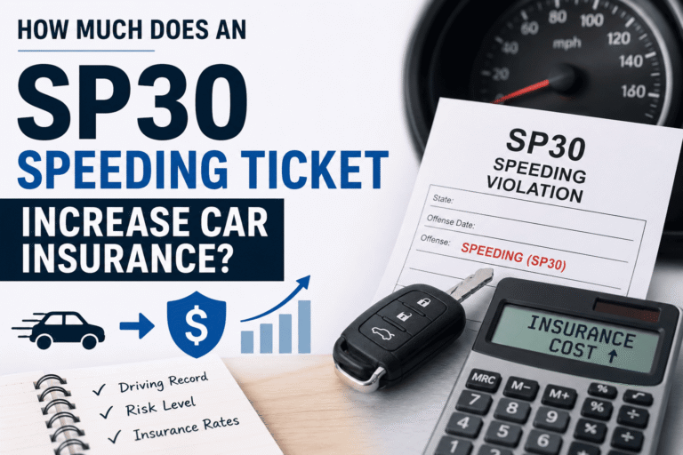 SP30 speeding ticket, car keys, calculator, and speedometer illustrating the impact of an SP30 speeding conviction on UK car insurance premiums.