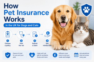 How pet insurance works in the UK for dogs and cats including policy selection, vet visits, claims process and reimbursement.