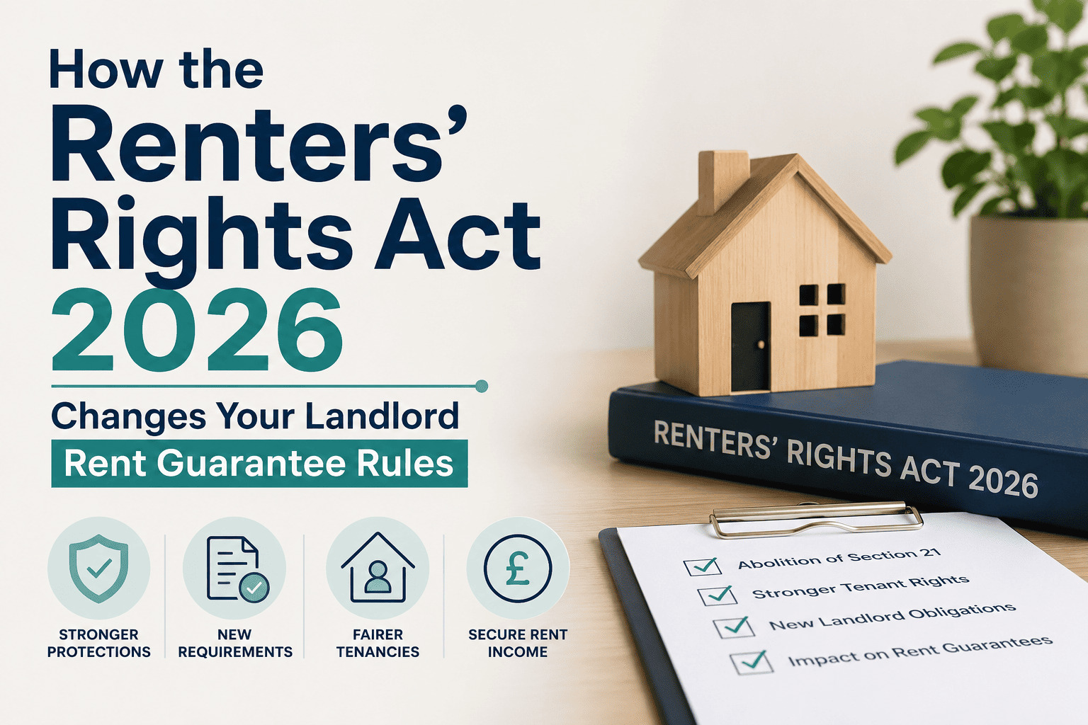 Infographic explaining how the Renters' Rights Act 2026 affects landlord rent guarantee insurance rules, tenant protections, tenancy agreements, and landlord obligations.