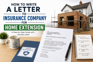 Home extension under construction with a sample insurance notification letter and home insurance documents, illustrating how to write a letter to an insurance company about a home extension in the UK.