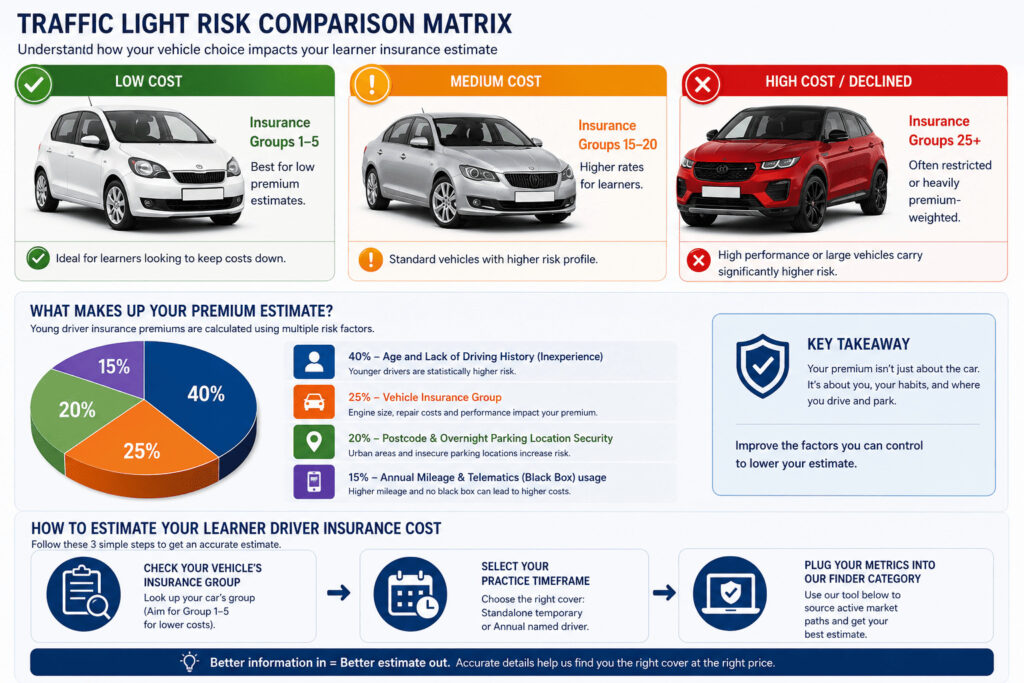 Learner driver insurance infographic showing low, medium, and high-risk vehicle categories, insurance group comparisons, premium cost factors, and steps to estimate insurance costs.