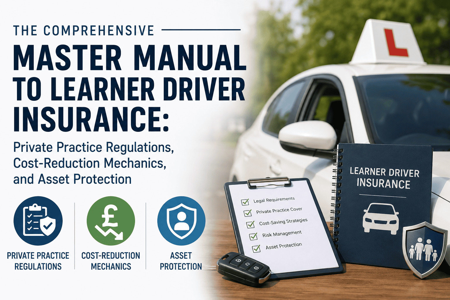 Comprehensive learner driver insurance guide showing private practice regulations, cost-reduction strategies, and asset protection for new drivers.