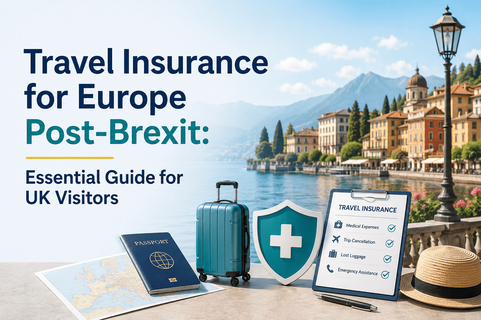 Travel insurance for Europe post-Brexit guide showing suitcase, passport, and insurance shield for UK travellers