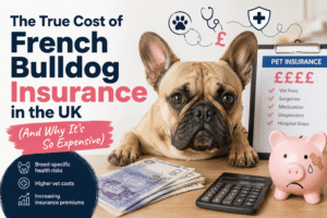 French Bulldog with pet insurance paperwork, calculator and money illustrating the high cost of French Bulldog insurance in the UK