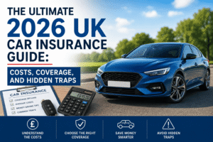 Blue car representing UK car insurance with guide covering insurance costs, coverage options and common hidden traps in 2026.