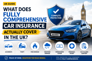 Fully comprehensive car insurance cover in the UK showing protection for accidents, theft, fire damage, weather damage, windscreen cover, personal injury and claims support.