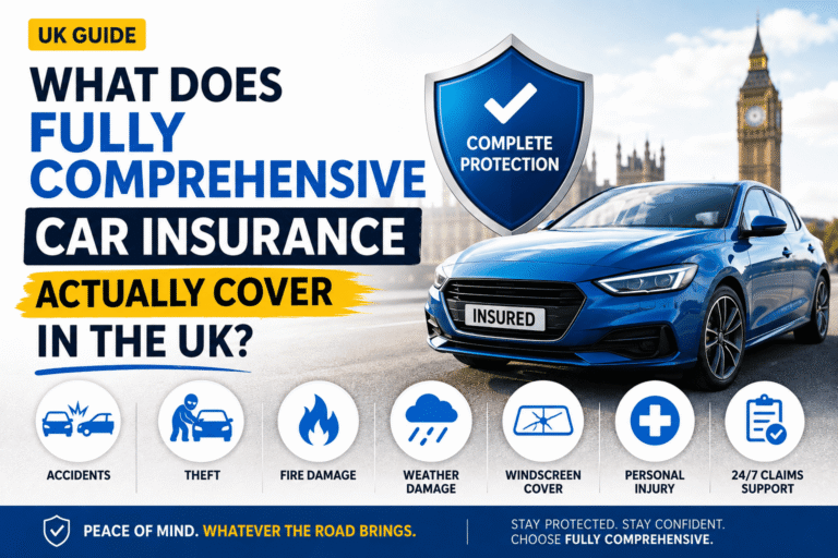 Fully comprehensive car insurance cover in the UK showing protection for accidents, theft, fire damage, weather damage, windscreen cover, personal injury and claims support.