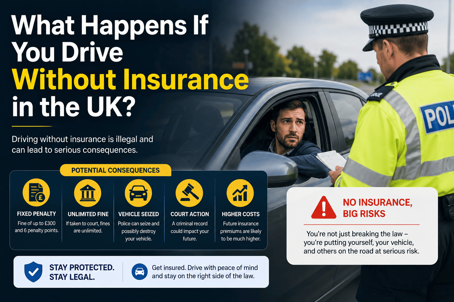 Driver stopped by traffic police illustrating the consequences of driving without insurance in the UK including fines, penalty points and vehicle seizure.