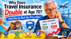 Senior travelers concerned about rising travel insurance costs after age 70, with tips on reducing premiums and finding affordable senior travel insurance.